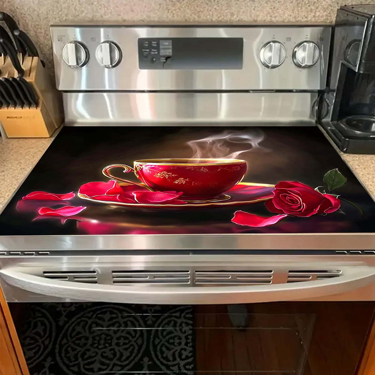 TEMU 1pc For Stoves Elegant Red Rose & Stove Top Cover Protector With , 71.88x52.07cm (28.3"x20.5") - Non-electric Stove Protector For // Stoves,