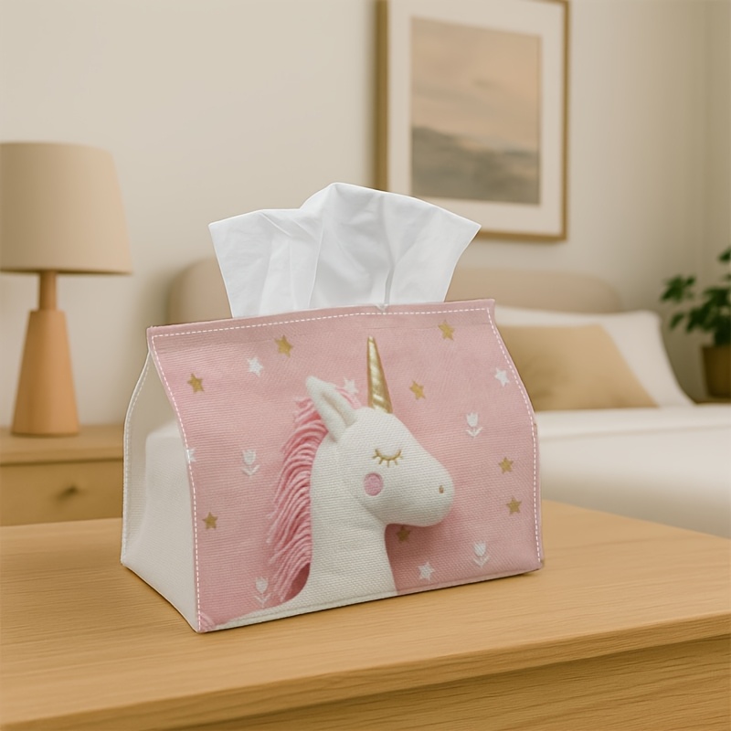 TEMU . 2D-Flachdruck niedliche Einhorn-rosa Taschentuchbox – Weiße Fantasie-Stern-pastellfarbene Kunst-Servietten-Aufbewahrungsbox, geeignet für