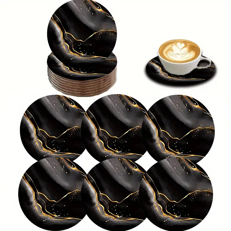 TEMU Lot de 6 sous-verres en bois , , - Protecteurs de table à grain de bois et marbre noir doré, résistants à la chaleur pour boissons chaudes,