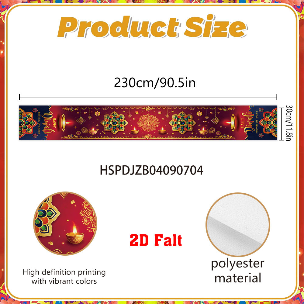 TEMU 2d Flat Banner, 1pc Red Background Mandala Oil Lamp Tablecloth For Diwali, Made Of Material, Measuring 70.8in * 11.8in -90.5in * 11.8in, Serving