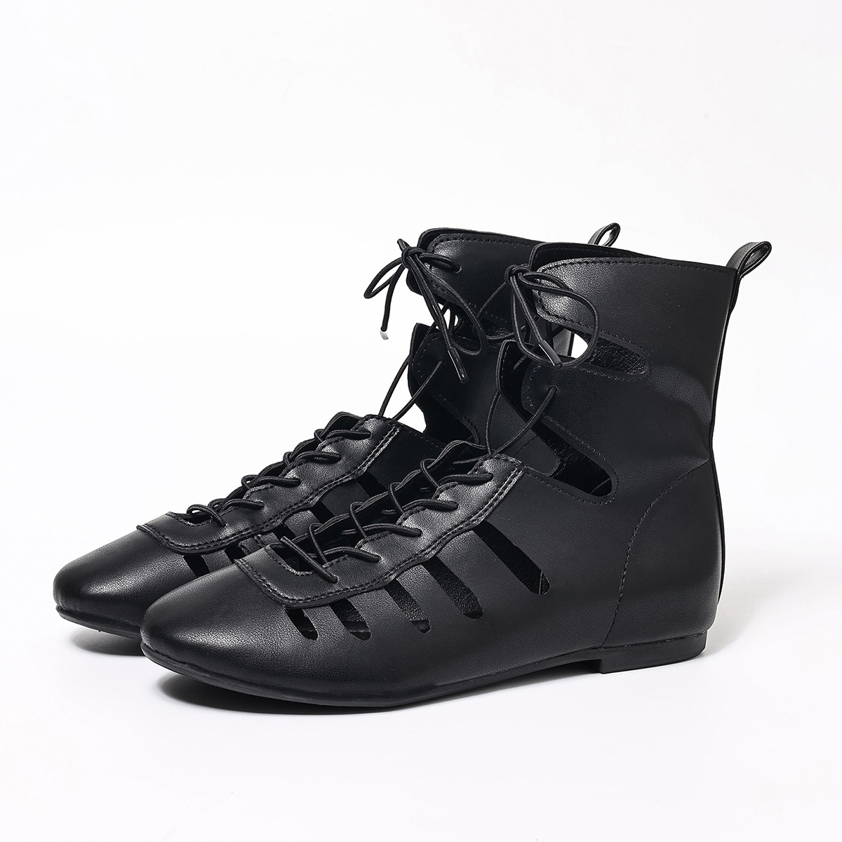 Image of European And American Hollow Lace-up Short Ankle Sandal Boots, Round Toe Flat Roman Sandal Boots, Retro Versatile Breathable Casual High-top Women's Shoes For Spring And Summer, Women Shoes