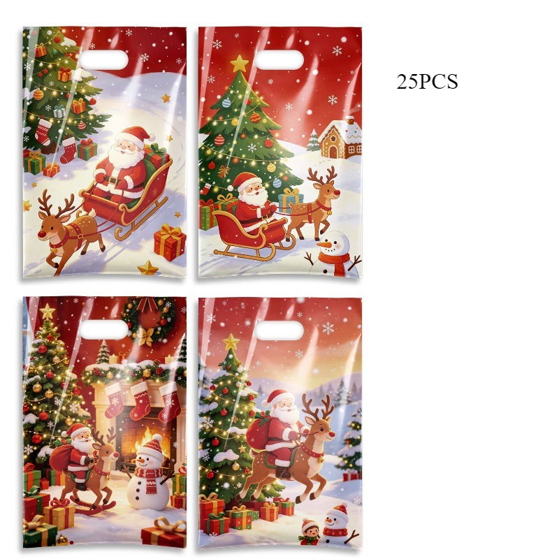 TEMU 25pcs/50pcs Christmas Gift Bags With Santa And Reindeer Design - Holiday Plastic Tote Bags For Presents, Party Favors, Xmas Decor - Durable,
