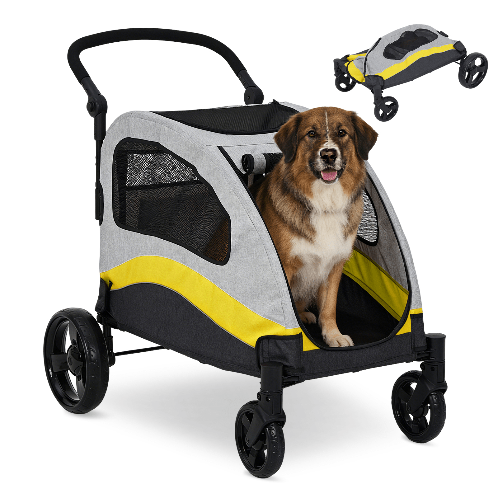 135 Lbs Foldable Dog Stroller For Large Dogs Pet Wagon Rotating Wheel Foot Brake Breathable Mesh Adjustable Handle Storage Pocket