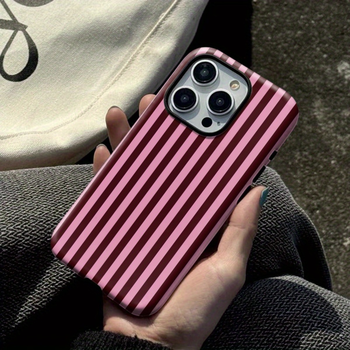 TEMU Phone Case: Pink Striped Lines, Simple And Stylish, -one Protective Case, Durable And Shockproof, Suitable For Iphone