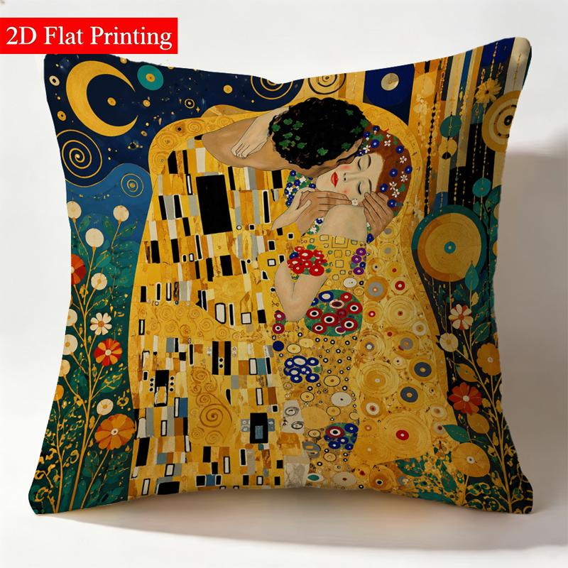 TEMU 1pc 2d Flat - Printed Double-sided Pillowcase (no Real Embroidery, No Pillow Core) Featuring Gustav Klimt's "" Pattern, 17.71 X 17.71 Inches,
