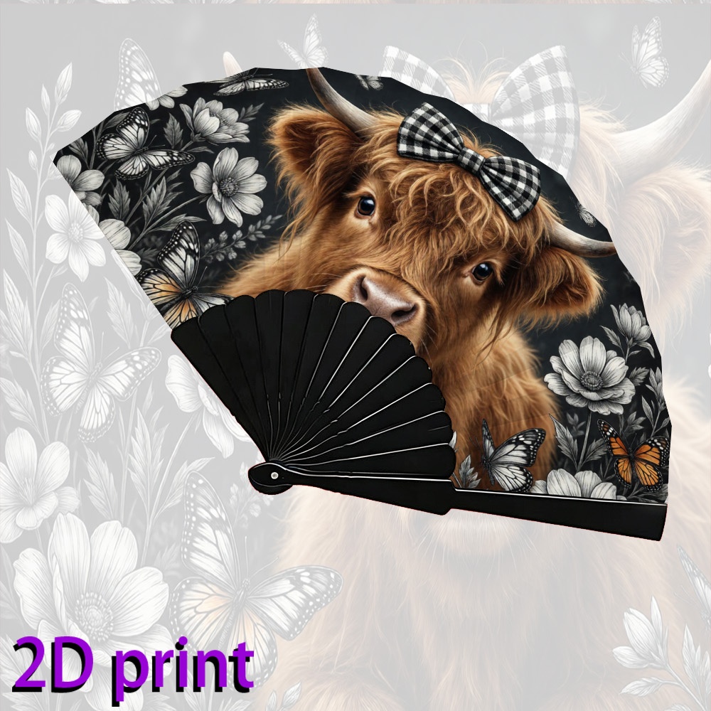 TEMU Foldable Handheld Fan With Highland Cow & Floral - Portable Suitable For , Lightweight Cooling For Summer, Parties, Music Festivals, Picnic,