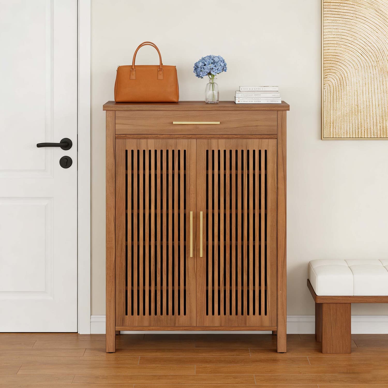 Image of 5 Tier Narrow Wooden Shoe Cabinet | Adjustable Shoe Rack Storage Organizer With Slatted Doors And Drawer, Contemporary Style, Brown, 80 X 36 X 110 Cm, Floor Mount, Brand: Missoul