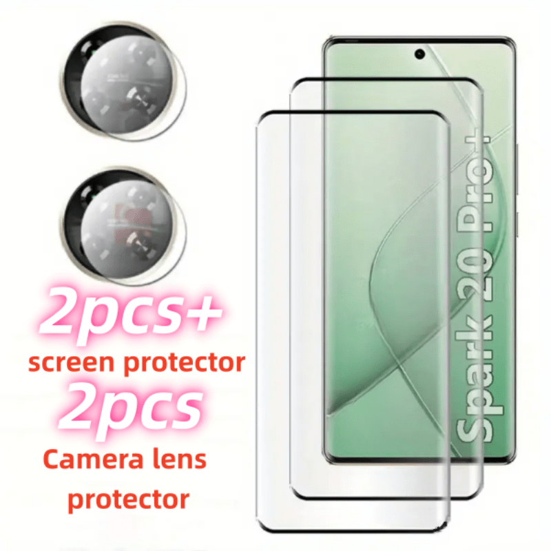 TEMU 2+2 Piezas Protector de Pantalla y Protector de Lente de Cámara para Tecno Spark 20 Pro Plus, 2 Protectores de Pantalla de Vidrio Templado de