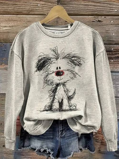 line puppy print fashionable round neck womens hoodie suitable for travel vacation daily holiday wear ideal for halloween christmas party dress a gift for