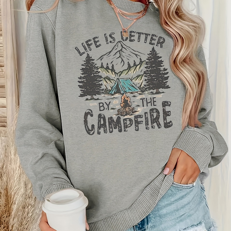 

1pc Women's Plus Size Casual Pullover Sweatshirt, Polyester Knit Fabric, Round Neck, Autumn/winter Season, Scenic Campfire Print, Fit