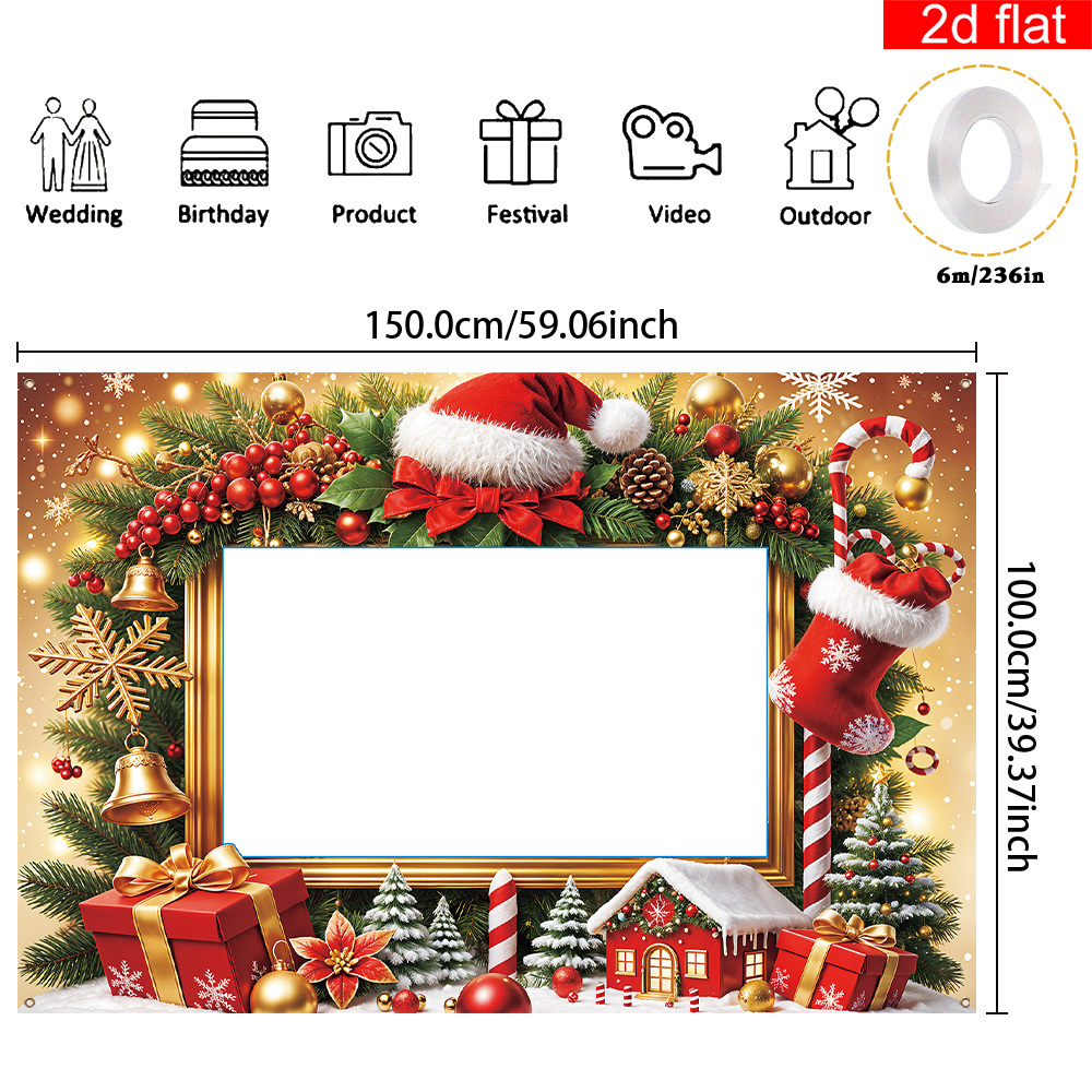 TEMU 2d Flat, 2d Flat Banner, 1pc, Christmas Fun Photo Frame Party Banner,, Christmas Elements Including Santa Hat, Stocking, Gift, Bell, And Pine