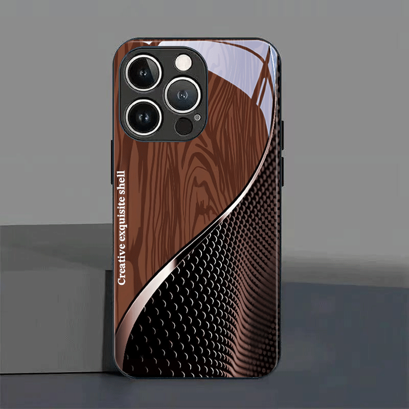 TEMU Phone Case - Creative Brown Pattern Tempered Glass Phone Case In Black For Iphone Including 16, 15, 14, 13, 12, 11, And . This Stylish And Is