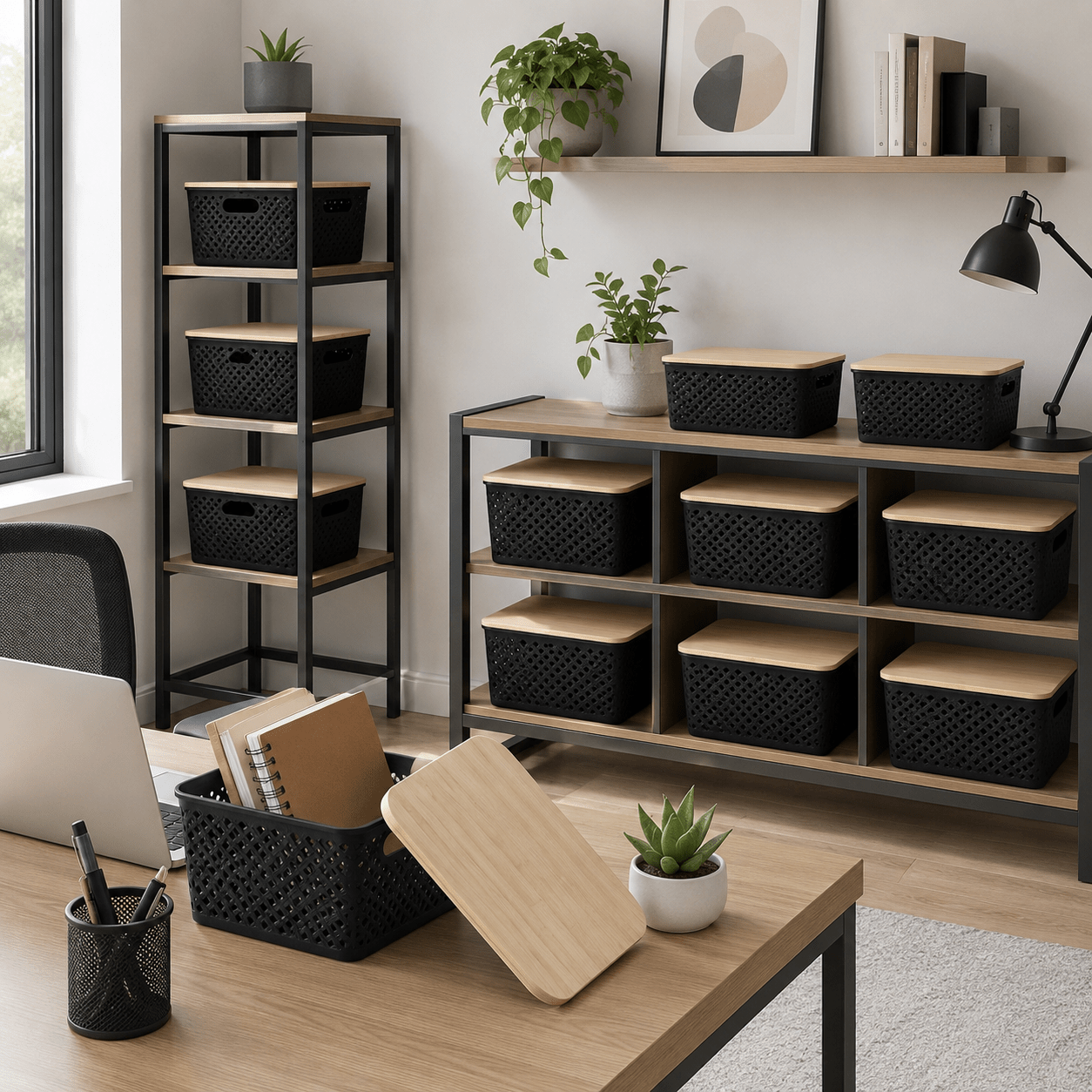 12pcs Storage Boxes With Bamboo Lid, Storage Basket, Stackable Storage Bins, Ideal For Kitchen, Bathroom, Office, Wardrobe