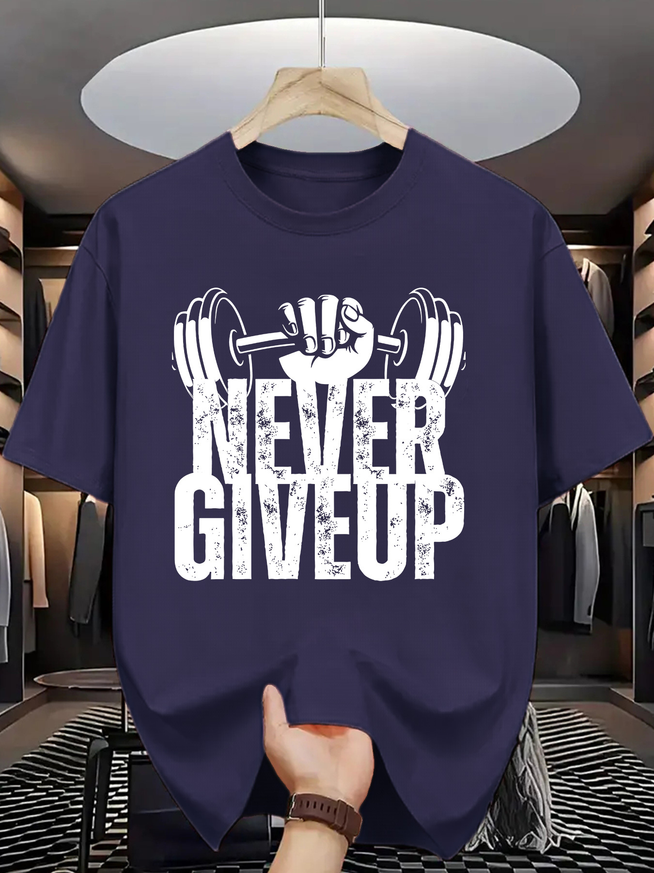 *'s Motivational Fitness T-Shirt &*;NEVER *&*; Dumbbell Graphic,  Vibrant Orange, Lightweight Breathable Fabric, Regular Workout Casual 