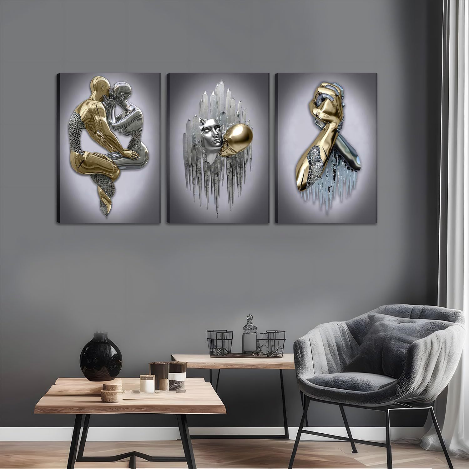 2d flat 3pcs 2d wall art canvas painting with frame modern bedroom wall art   couple oil painting wall decoration living room home decoration abstract character statue art prints