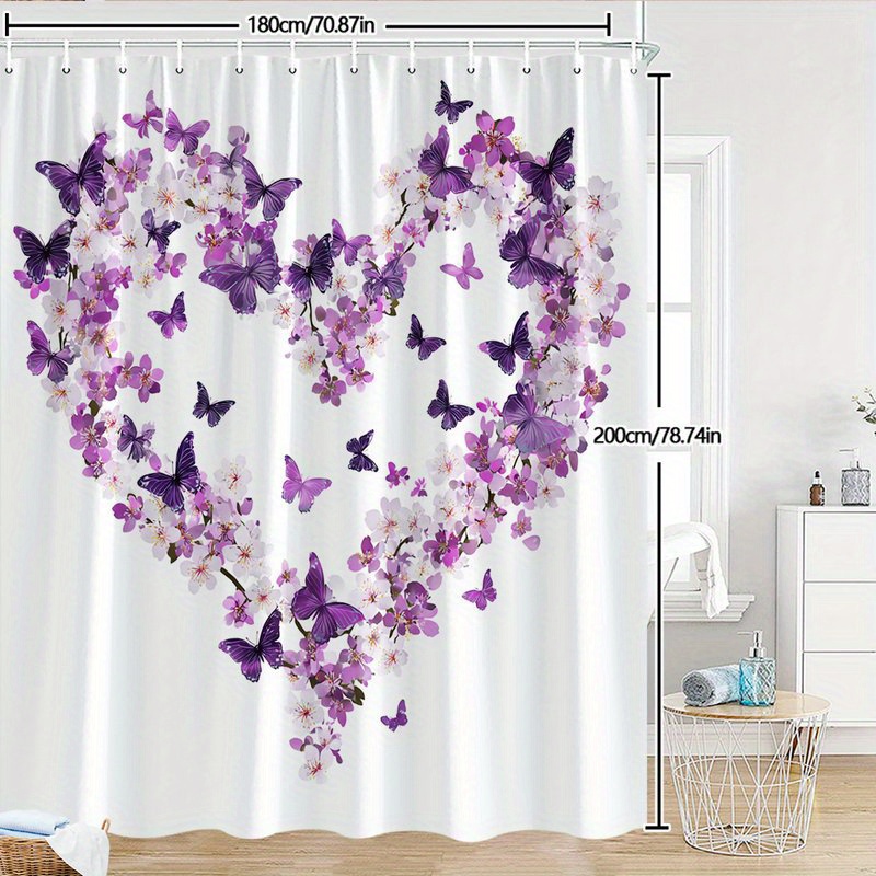 TEMU 1pc A Shower Curtain In Purple And White, Showcasing An Elegant And Romantic Design With Heart-shaped Cherry Blossoms That Have Pink And Purple
