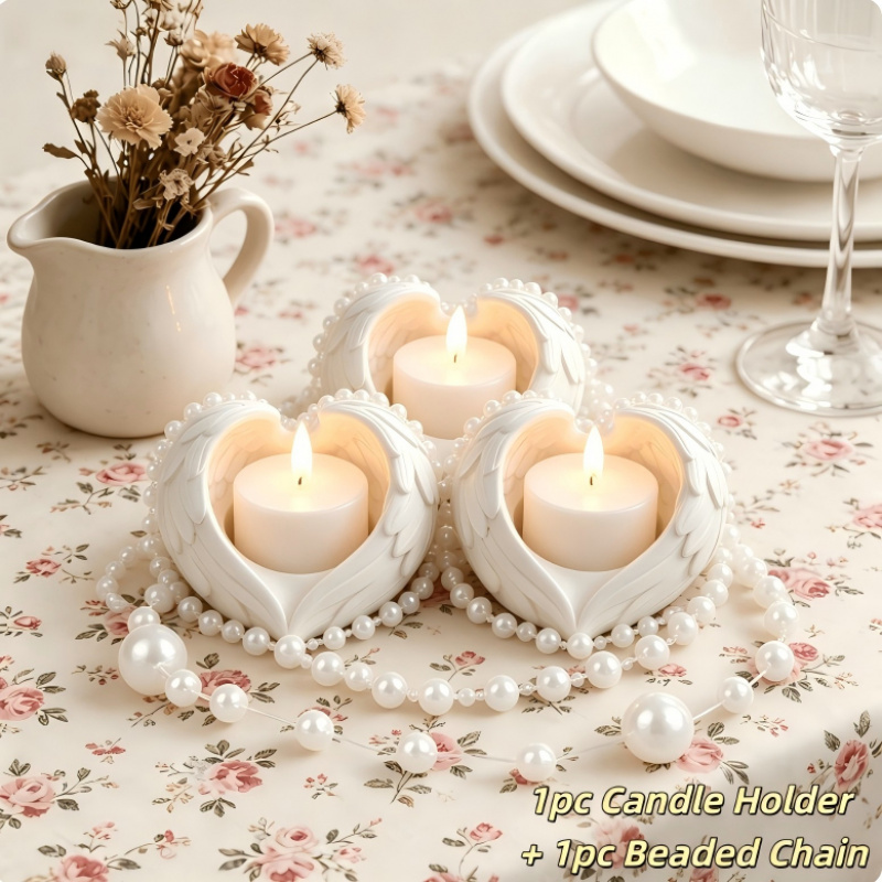 Image of 2pcs Set: Angel Wings Candle Holder + Beaded Decorative Chain, Suitable For Creative Tea Light/electronic Candles, Home Desktop Decoration, Holiday Atmosphere Decoration, For Gifts To
