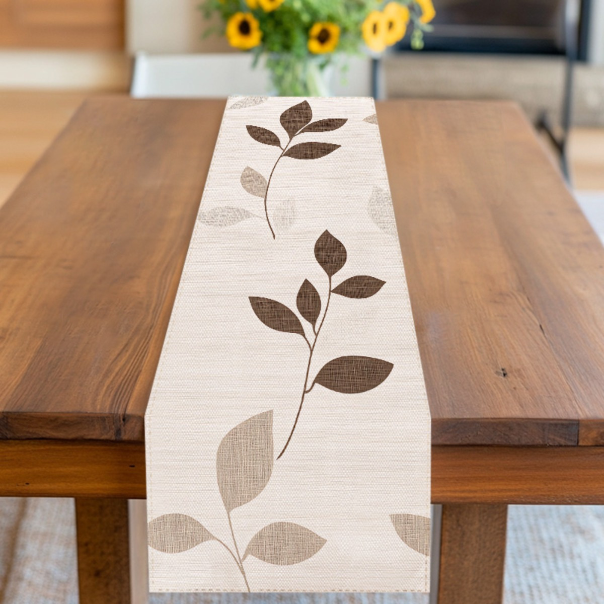 1pc Modern Brown Leaf Pattern Table Runner - Soft Polyester, Easy-clean, Elegant Dining Table Decor For Wooden Tables, Adds To