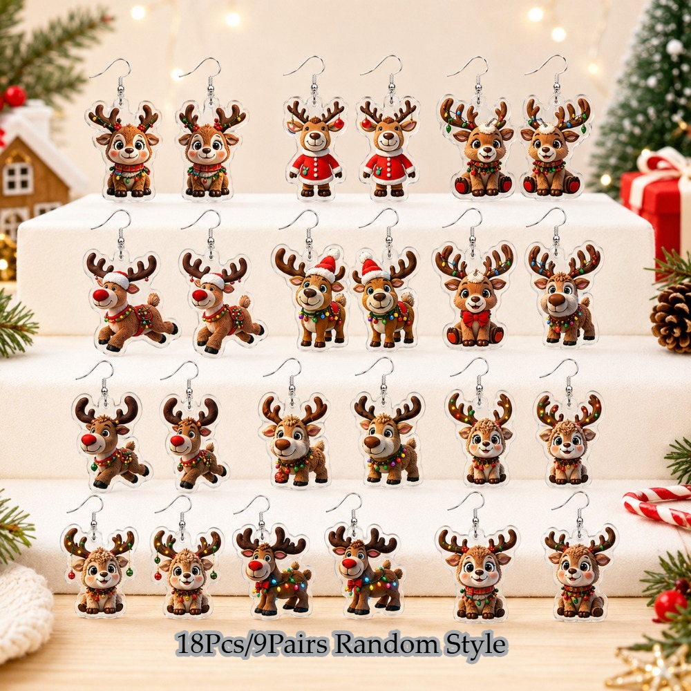 TEMU 18pcs/9 Pairs Random Styles Cute Christmas Reindeer Printed Acrylic Pendant Earrings Women's Style, Unique Pendant Jewelry, Perfect Christmas