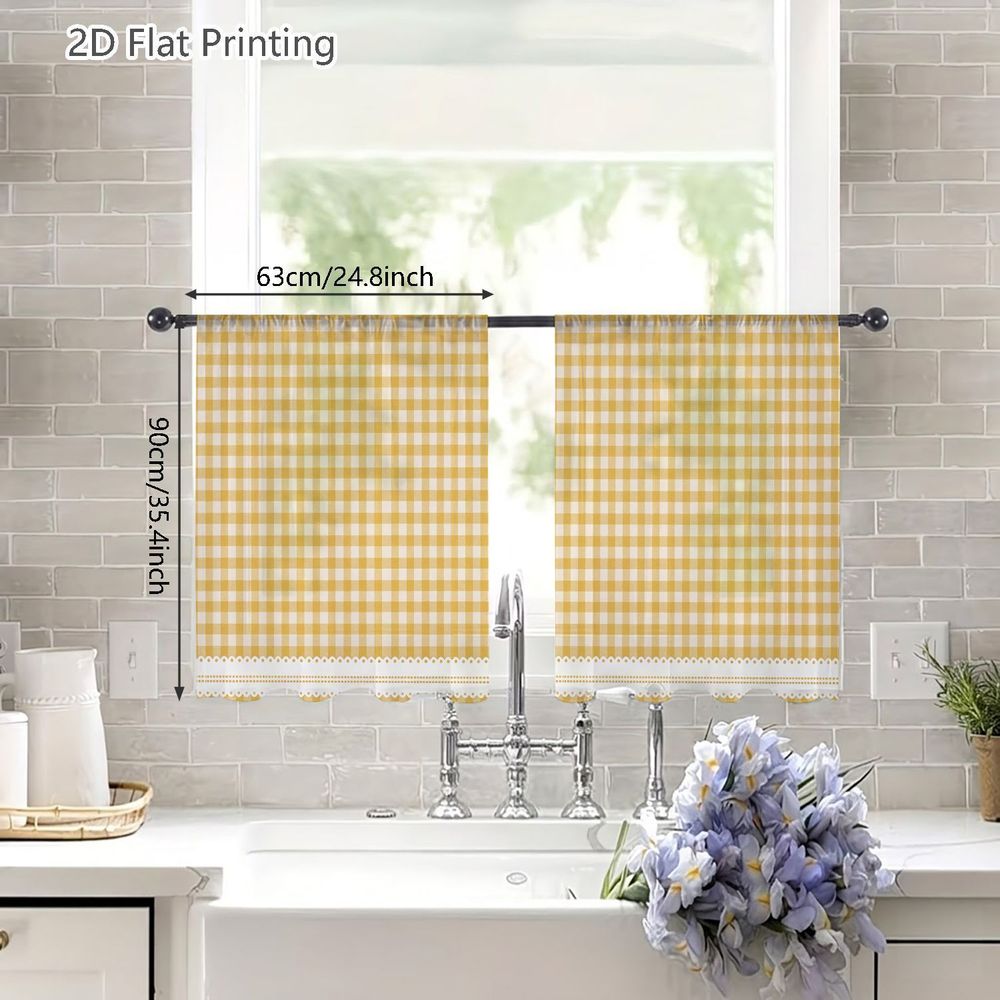 TEMU 2D Plat - 2D Plat, 2pcs Petites Rideaux Semi-Transparents, Rideaux à Carreaux Gingham Jaune Moutarde avec Garniture en Dentelle Festonnée