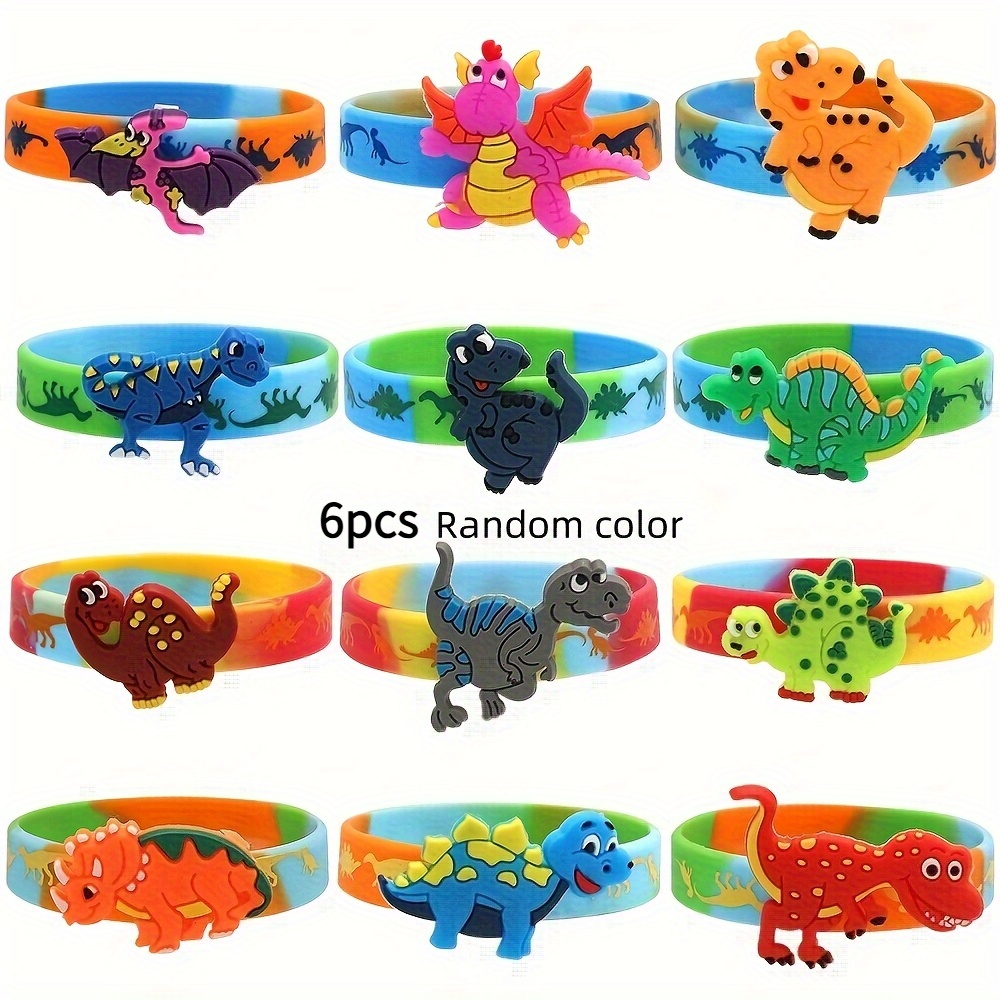 6pcs Dinosaur Silicone Wristbands- Themed Bracelets, Party Favors, Festival Gifts, Wristbands For Birthday& Events Random Color