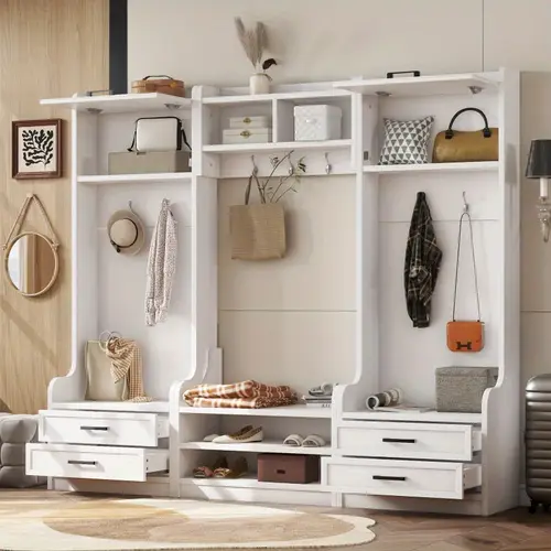 4 in 1 detachable hall tree with storage drawers cabinet 7 hooks beige entryway organizer with shoe bench seat cushion mdf particle board for hallway 78 l x 70 h decorative storage durable construction luggage racks