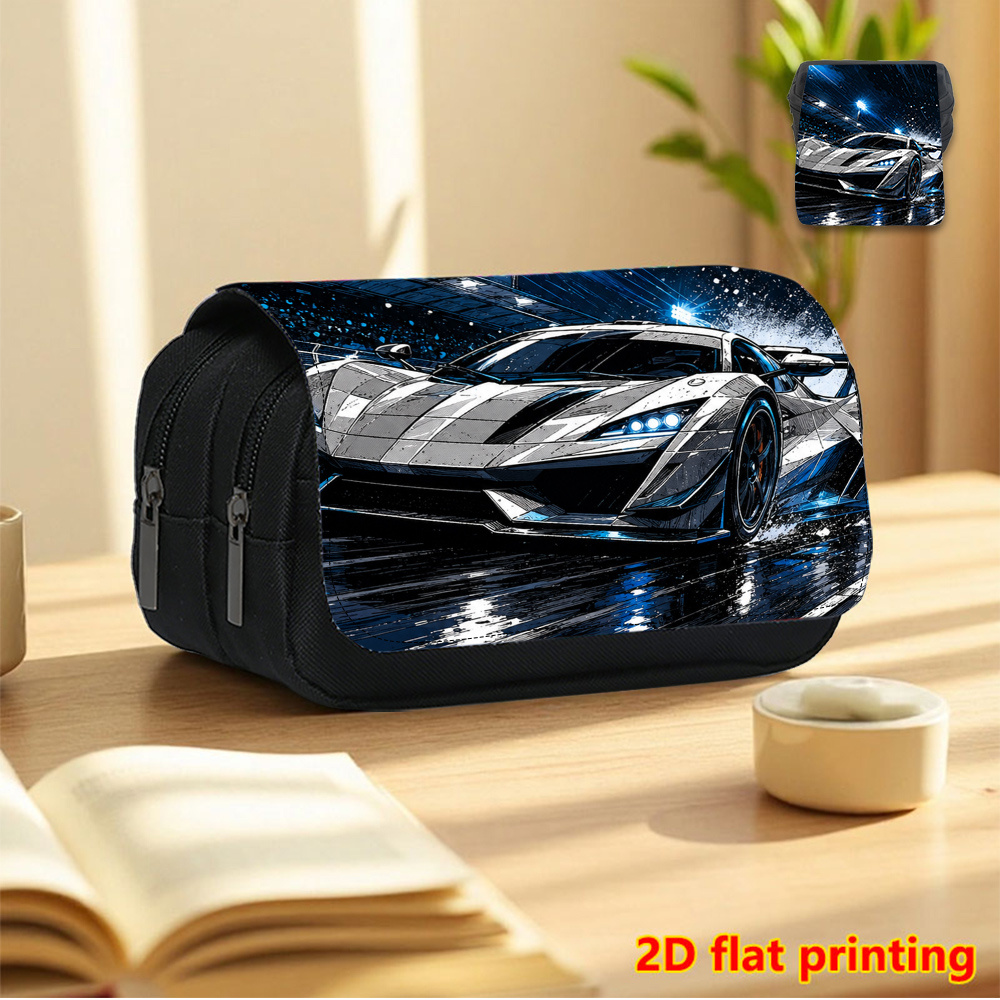 TEMU Trousse Noire à Double Couche avec et Imprimé Voiture de Sport sur Circuit Argenté - Boîte à Crayons Essentielle pour la Rentrée, Trousse de