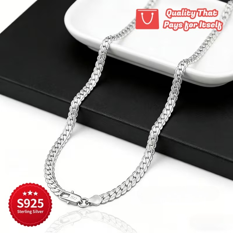 925 Silver Embossed Cuban Chain Necklace, Handmade Design