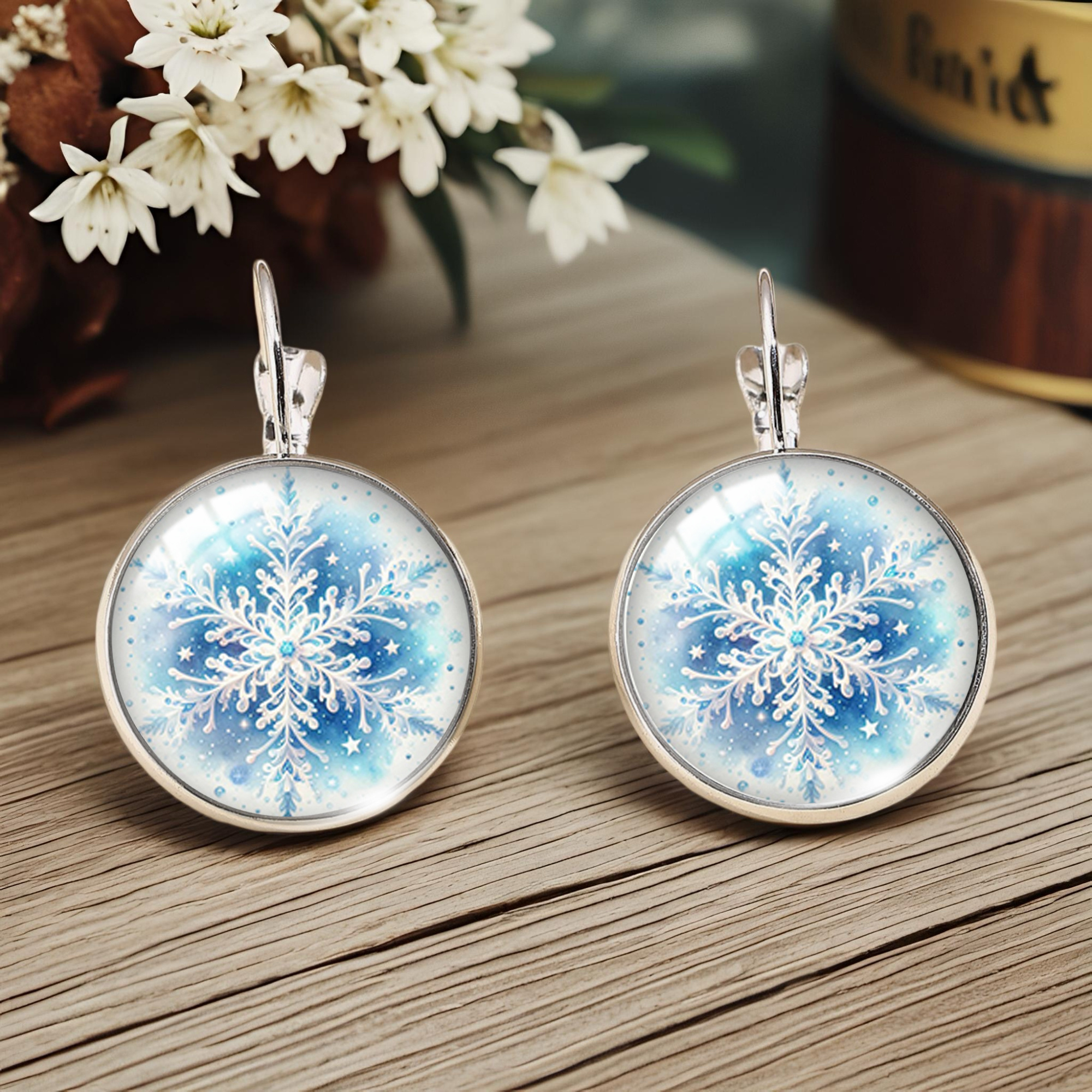 TEMU Modische runde Glasohrringe mit romantischer Schneeflocken-Illustration im minimalistischen Stil, modischer Schmuck als Geschenk