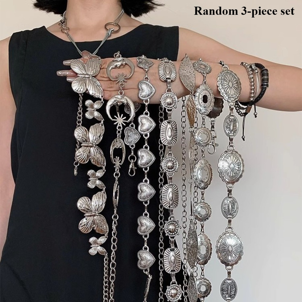 TEMU Random 3pcs Set Of Women's Decorative Belt, Bohemian Retro Style Belt, Silvery Heart Geometric Shaped Belt, Suitable For Daily Wear, Attending Parties And Banquets, Gifts