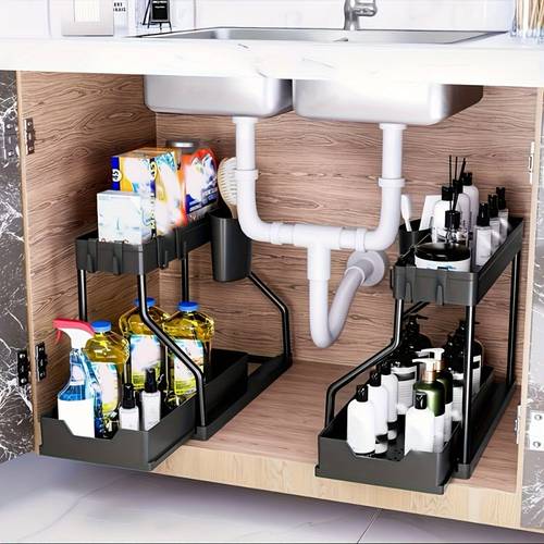 1pc space saving 2 tier pull out storage organizer drawer durable plastic large capacity under sink cabinet organizer for kitchen bathroom essentials mixed 6pcs storage rack bathroom storage cabinet