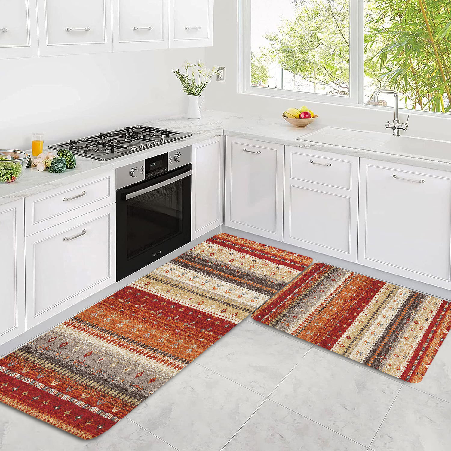 TEMU 2pcs Red Bohemian Geometric Kitchen Rug Set - Soft, Non-slip & Machine Washable Floor Mats For Home Decor - Kitchen, Living Room, Entryway,