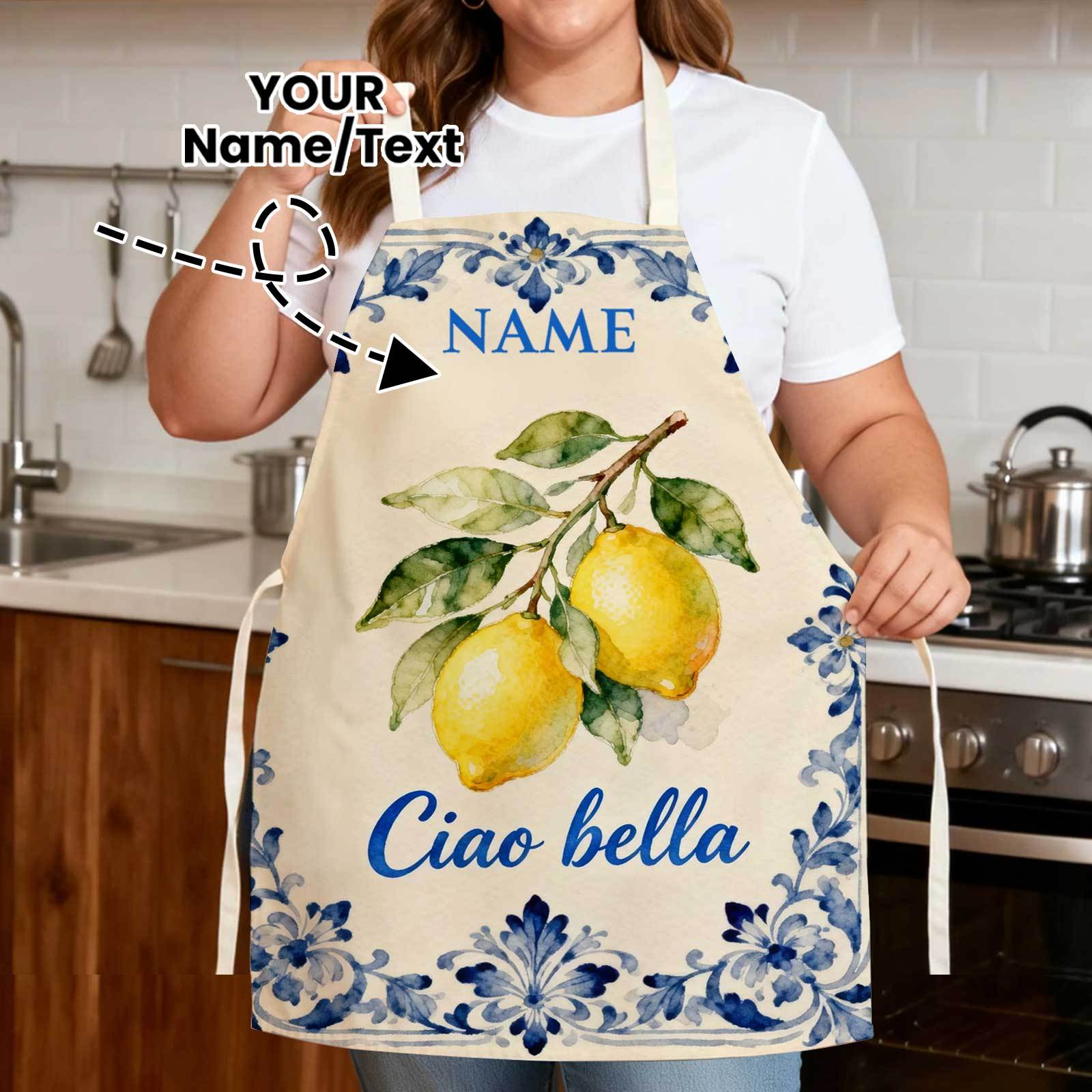 TEMU 1pc 2d Flat Printed Customizable Apron With Name/text | Lemon Print, Ideal For Birthdays, Anniversaries, Cooking , Personalized Gift, Wedding