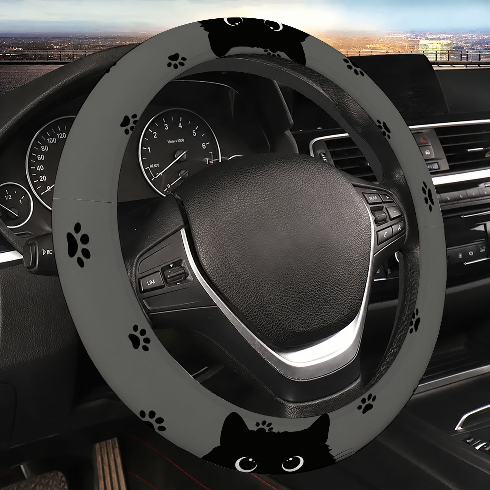 TEMU Universal Car Steering Wheel Cover, Black Cat Silhouette And Paw Print On Light Gray Background, 2d Flat Print, No , Elastic