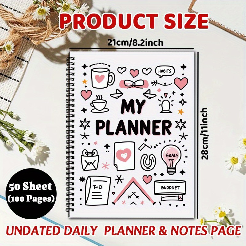 TEMU 1pc 7-day Undated Daily & Weekly Planner Notebook, 8.2×11inch With Spiral Binding, Schedule, List, Meal & Water , Gratitude & Fitness Planning,