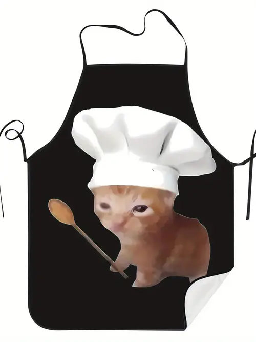 1pc Cat Apron - Kitchen Apron with Cute Ginger Tabby Chef Hat, Easy-Clean for Cooking, Baking, Cat Lovers - Perfect Gift for Cat Owners & Internet Meme Fans, Cooking Accessory, Exaggerated Meme, Adjustable Straps, Home Cooks