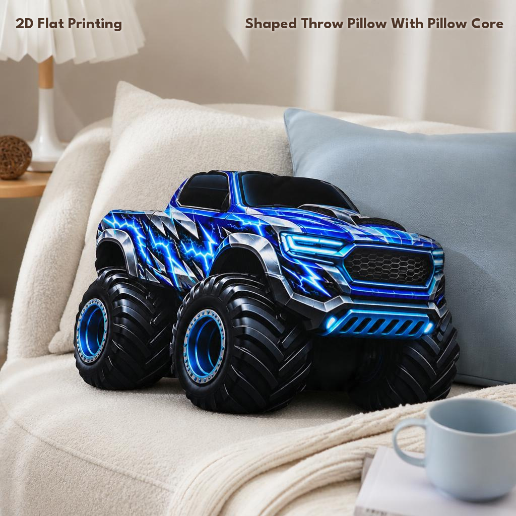 TEMU Monster Pickup Truck With Lightning Graphics Auto Enthusiast Gift 2d Flat Printing Shaped Stuffed Throw Pillow Decorative Car Seat Cushion For