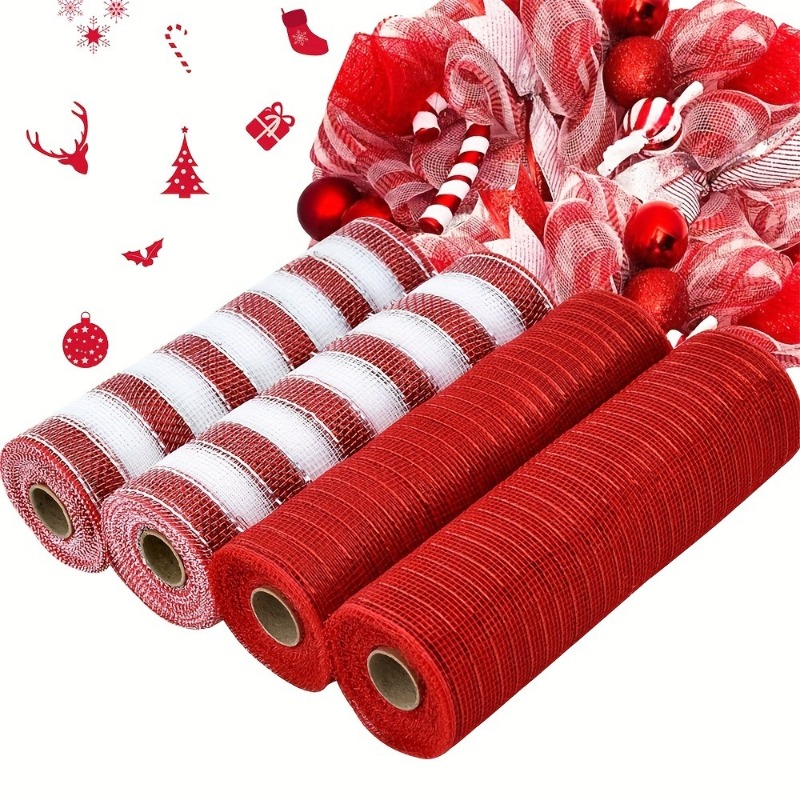 TEMU 4 Rolls Of Decorative Mesh Ribbon Measuring Cm, Each With A Length Of 9.14 Meters, Totaling 36.58 Meters. This Vibrant Red And White Striped