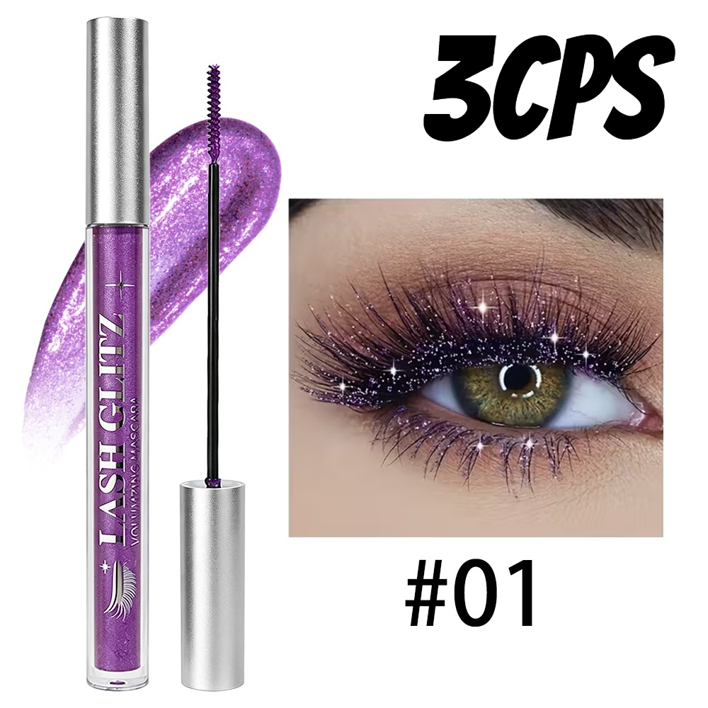 Image of 3pcs Purple Glitter Mascara Set, Waterproof Sparkling Eyelash Mascara, Lengthening Volumizing Curling Formula, Long-lasting Buildable Glitter Lash Makeup For Party, Festival, And Daily Beauty