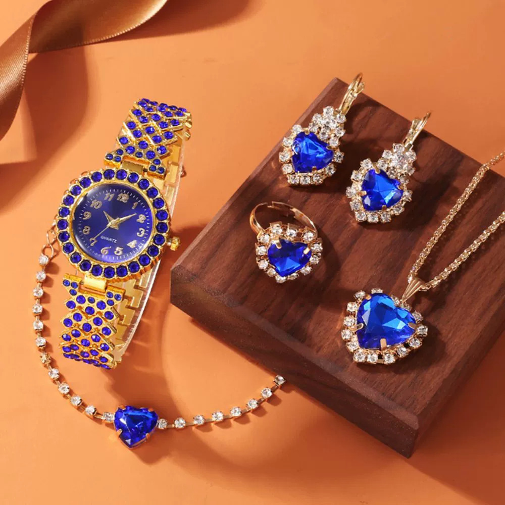 6pcs Women's Rhinestone Watch & Jewelry Set with Quartz Movement Watches, Elegant Bracelet, Necklace, Ring & Earrings - Sparkling Alloy Dress Watch Set for Wedding, Party, Prom - Complete Gift Set for Birthdays/Annivers