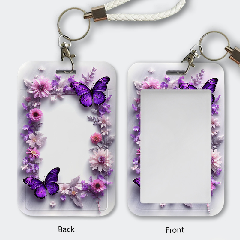 TEMU 2d An Elegant Purple And Floral Pattern, A Card Holder For Id Badges, Protective Sleeve For Work Identification Cards, Name Tags, And Card