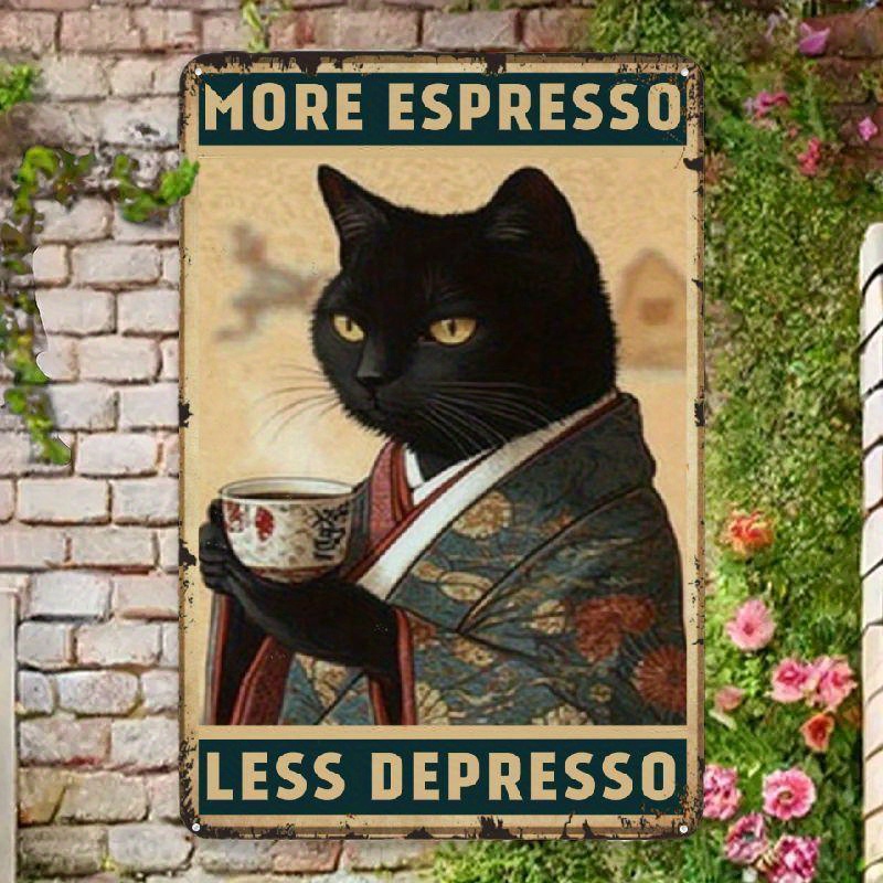 TEMU Chic Vintage Black Cat Coffee Poster - 'more Espresso, Less ' Metal Tin Sign, 8x12" - Home