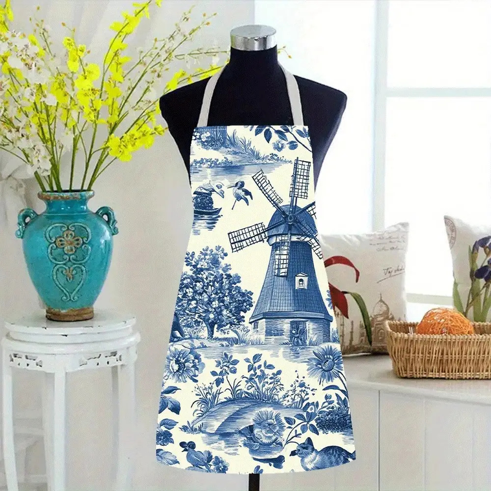 TEMU 1 stuks Blauw En Bloemen Schort, Herbruikbaar Keukenschort, 2D Platte Print, Duurzaam En Gemakkelijk Schoon Te Maken Ontwerp, Geschikt voor