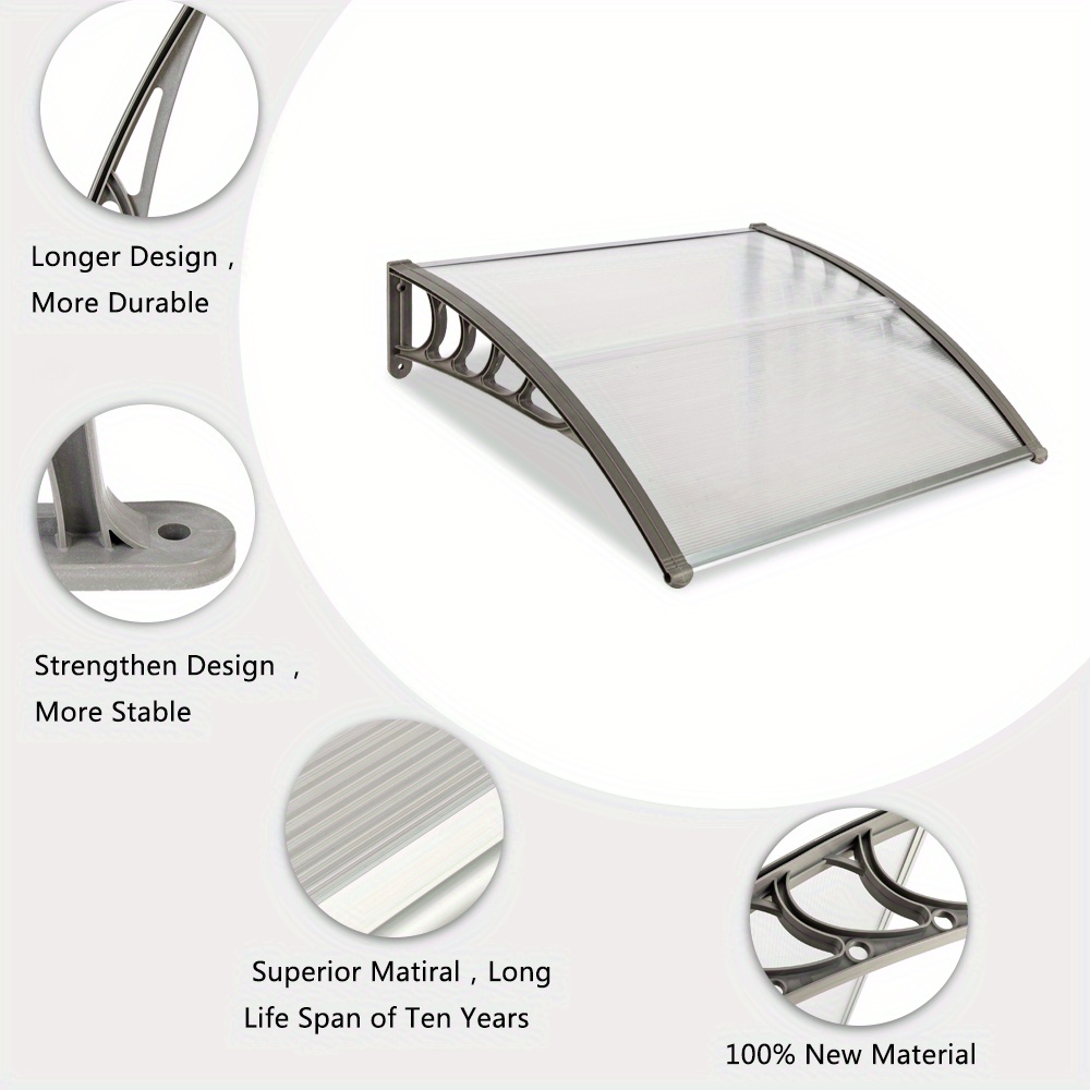 TEMU Fx 40*36in Transparent Panel Awning With Gray Plastic Brackets And Front & Rear Aluminum Strips - Made Of Polycarbonate Sheets For Outdoor