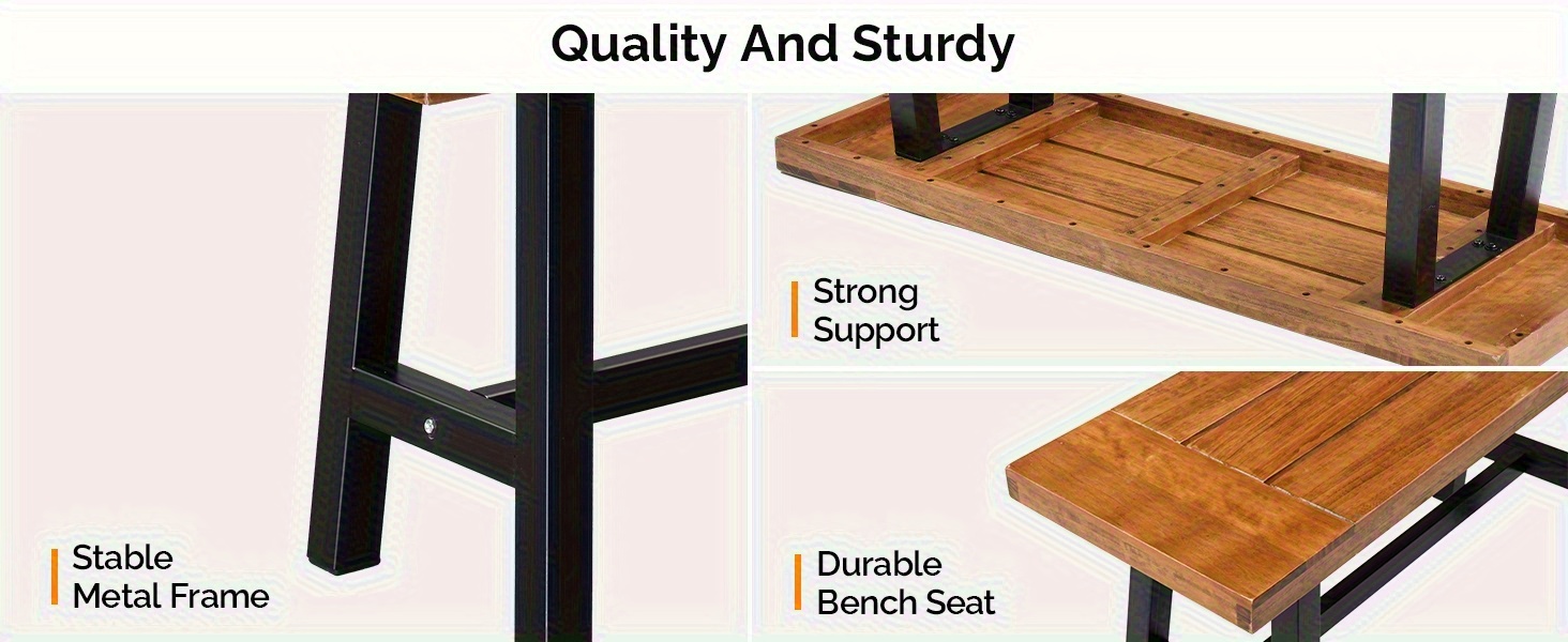 Outdoor Bench Measuring 63 Inches by 58 Inches, Featuring Metal Legs And a Rustic Wooden Design, Suitable for Both Indoor And Outdoor Dining on Porches Or Patios