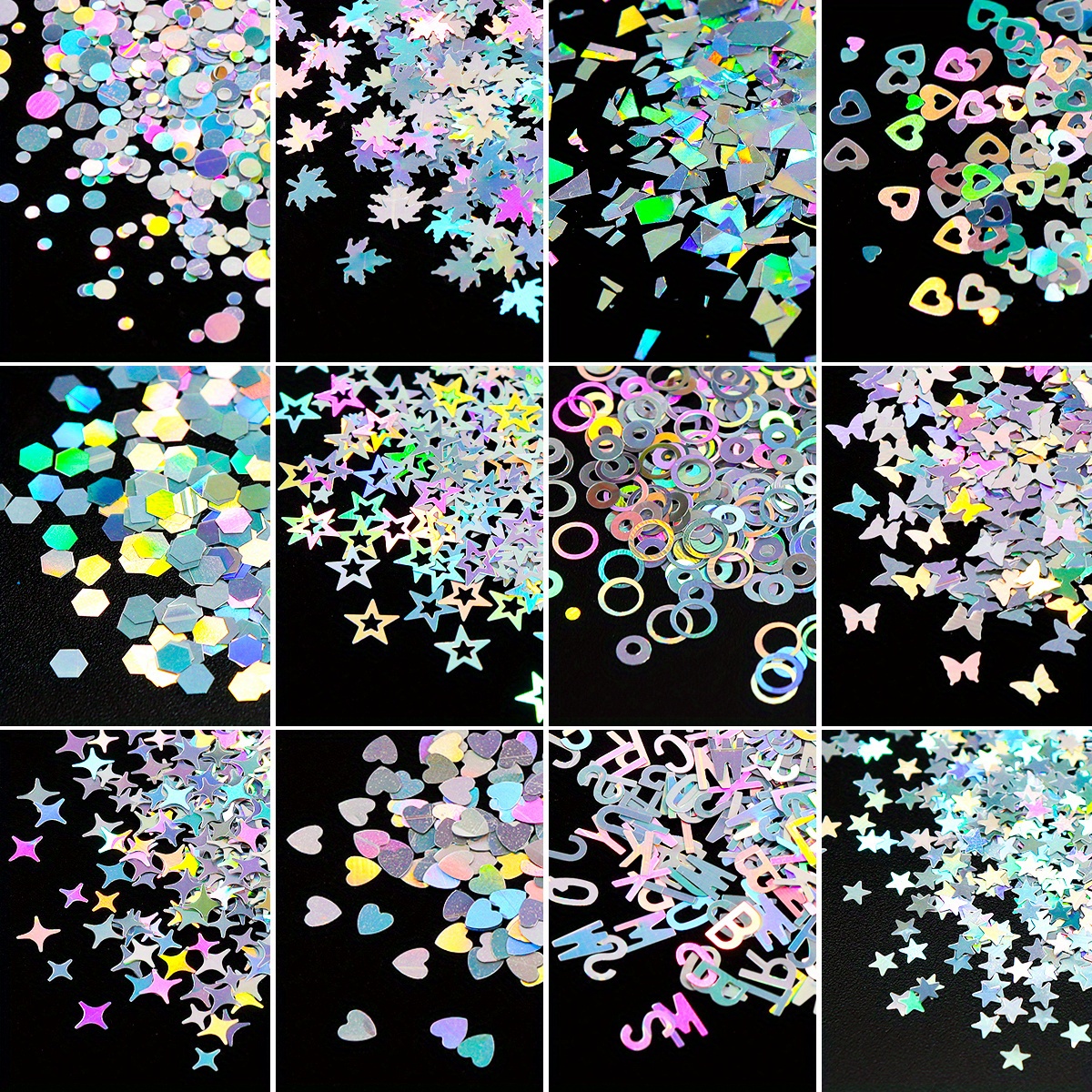 

12 Grids Assorted Holographic Sequins Set, Epoxy Resin Shaker Filler With Laser-cut Alphabet, Stars & Butterflies, Multicolored Paillettes For Spring & Craft Making, Rikonka