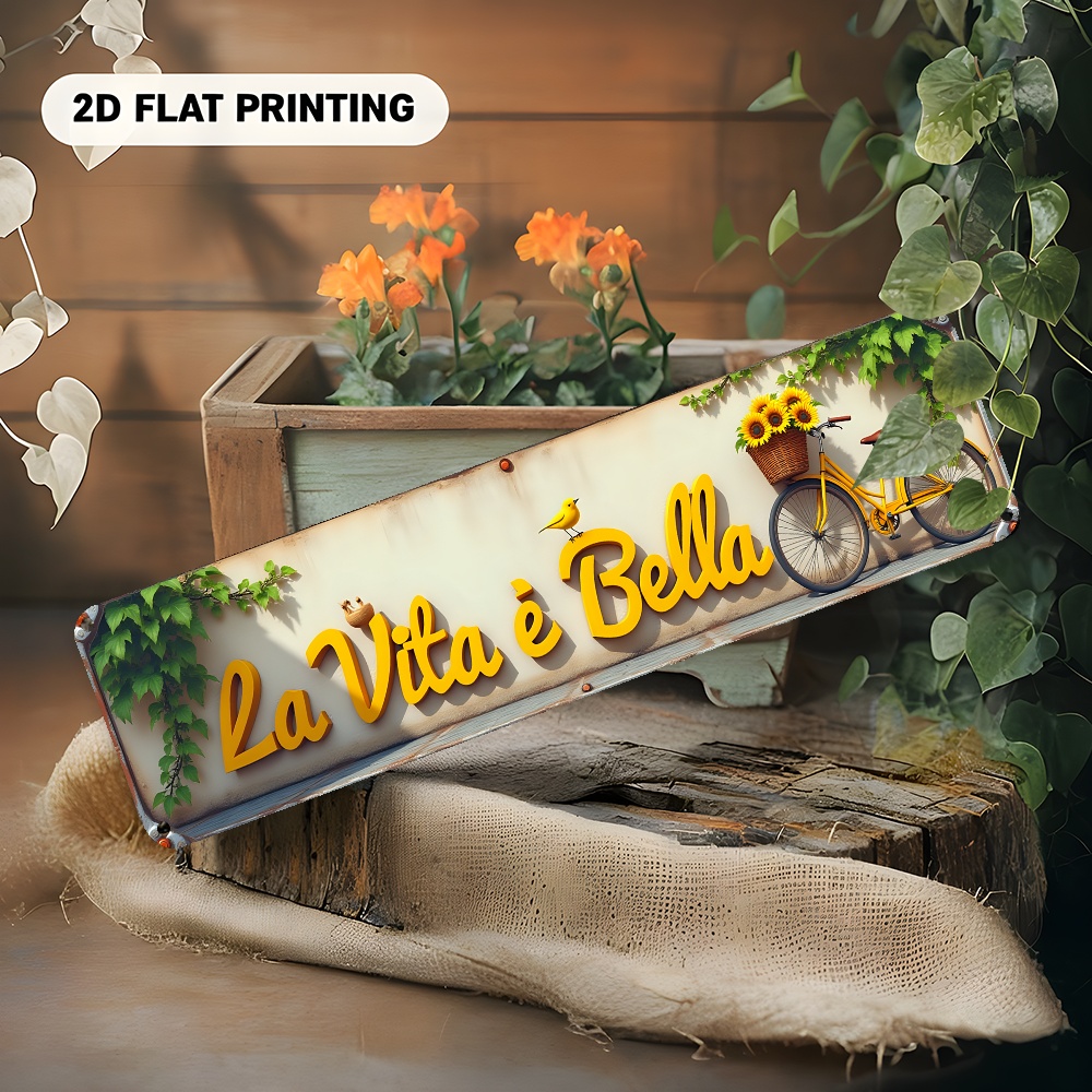 TEMU Panneau plat 2D - Un panneau plat 2D en aluminium mesurant 16"X4" (40X10Cm) avec un thème créatif de "La Vita E Bella & Bike". Ce panneau est