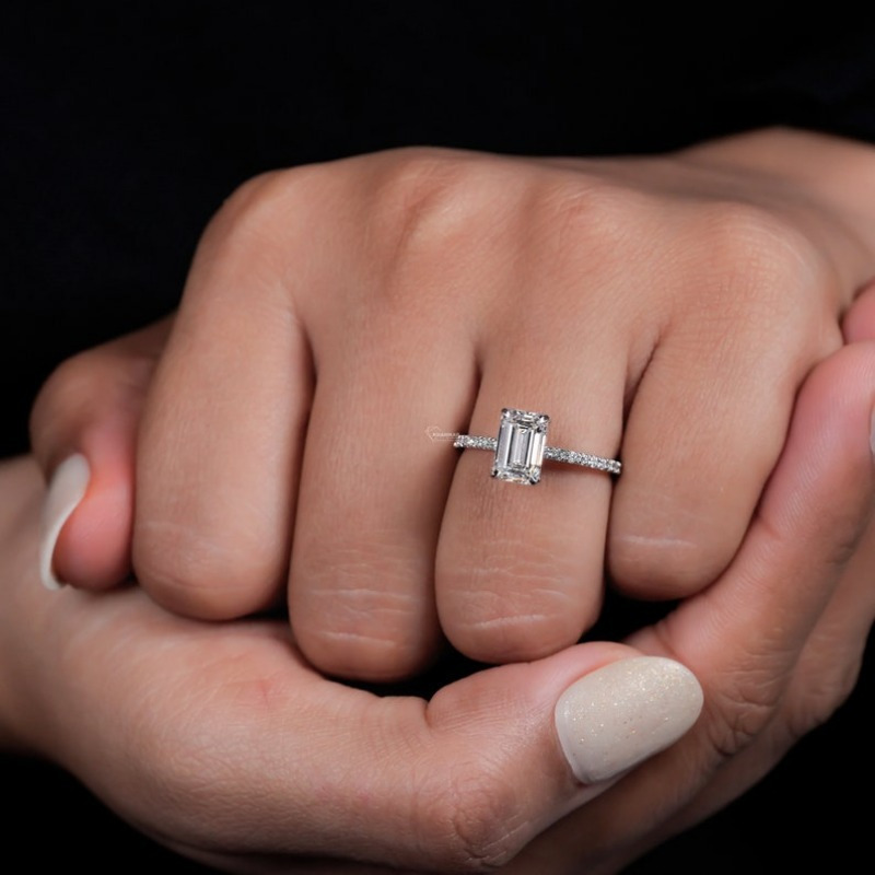 Women's Emerald-Cut Moissanite Ring with Round Accents, Vintage-Inspired