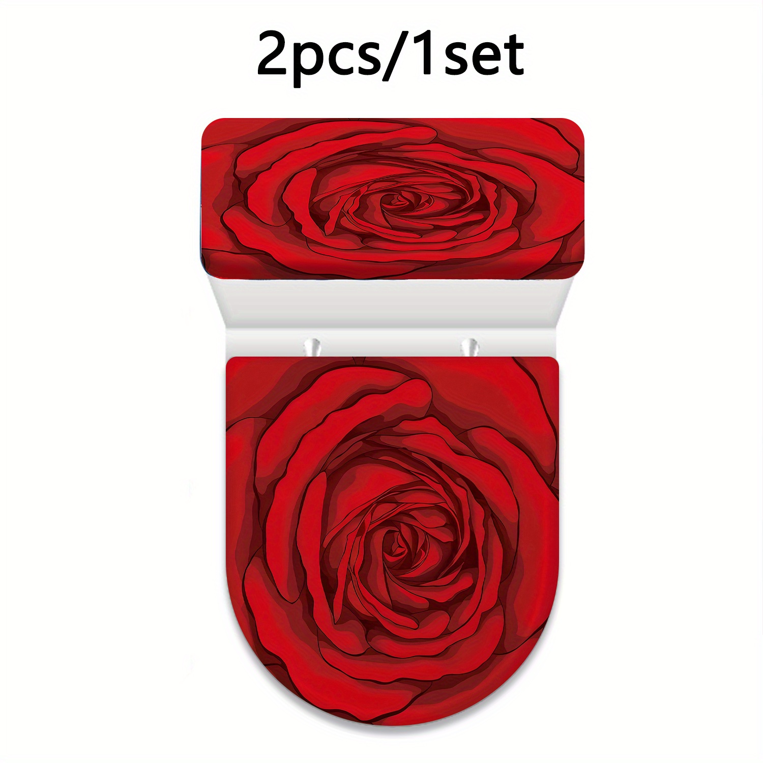 TEMU 2d Flat 2pcs Red Rose Pattern Toilet Tank Lid And Seat Set, Christmas And Thanksgiving Decoration, Full-coverage Elastic Wrap Design, With