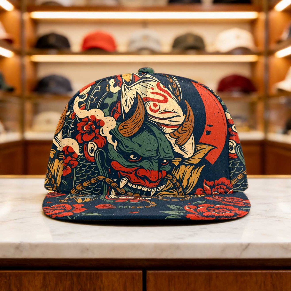 TEMU 1pc Casquette Masque Oni Japonais - Chapeau Snapback Ajustable avec Motif Visage Oni, Léger et Respirant, Idéal pour Fêtes à Thème, École, Tenue